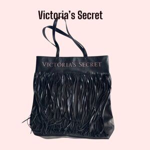 Victoria's Secret Flirty Fringe Black Tote Faux Leather Logo EUC VS Bag